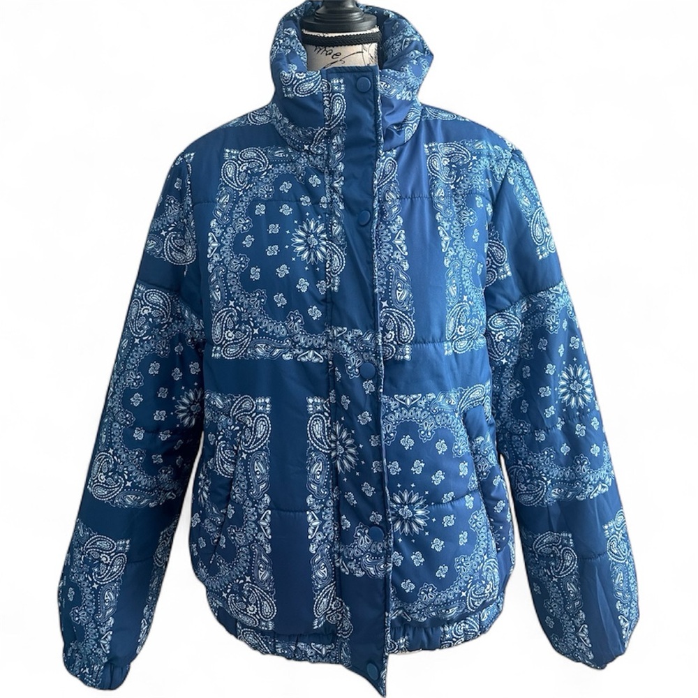 Blue Bandana Print Puffer Jacket
